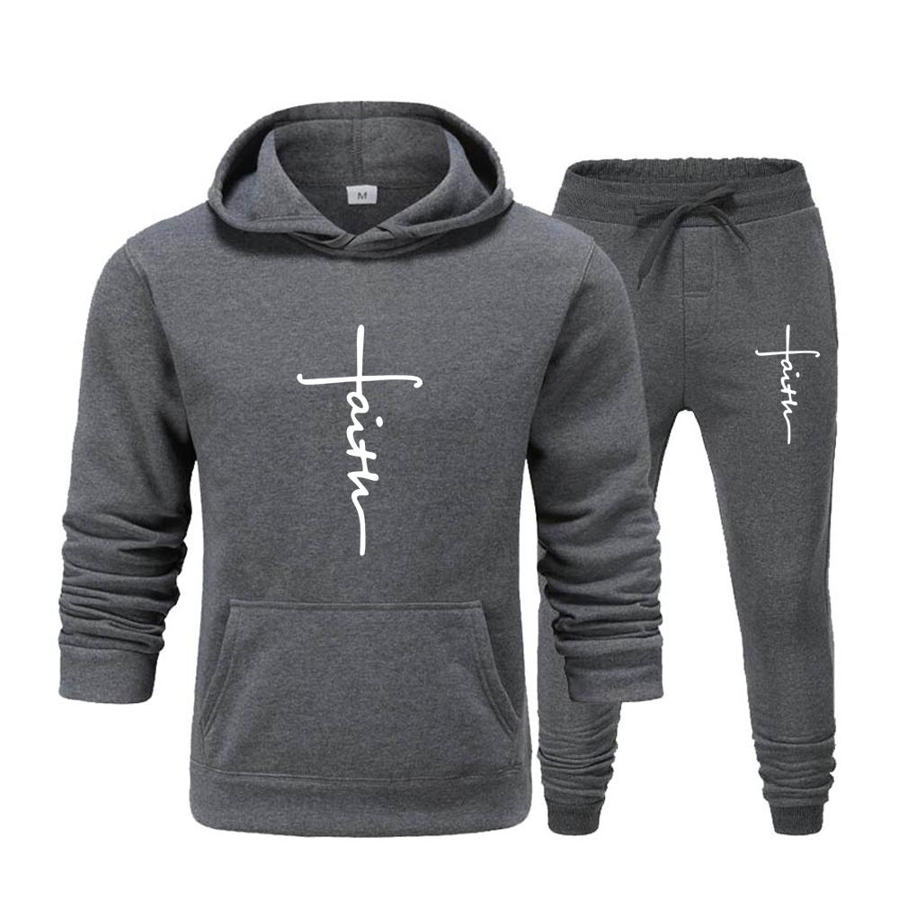 "Faith" Men's Casual Sports Hooded Sweatshirt +Drawstring Pants 2 Pieces Sets  Letter Print Sweatshirt Fleece Hoodie Set Men's