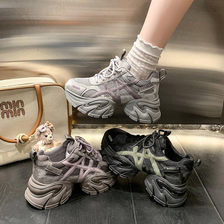 Leather heightening dad shoes women's 2025 autumn new thick-soled four-season comfortable running casual versatile sports shoes
