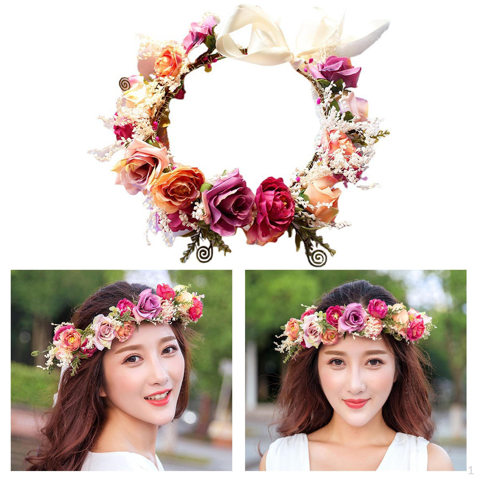 

Flower Headband Hairband with Ribbon Garland for Wedding Party Tiaras Festival