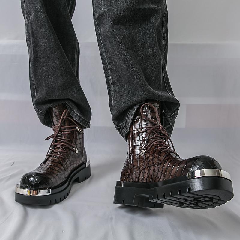 Men’s Retro Thick Sole Platform Punk Boots Elevator Street Style Big Head Motorcycle Boots High Boots Plus Size