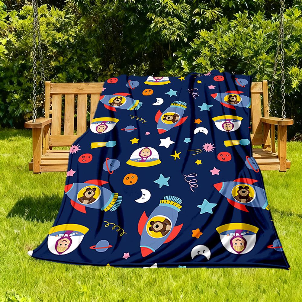 1 buc. Pătură de exterior Masha și Ursul, Flanelă ușoară, Moale și călduroasă, Utilizare în toate anotimpurile pentru canapea, în aer liber, camping, living, birou, scaun