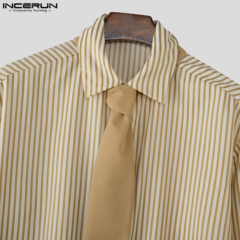 INCERUN S-5XL Men Turn-down Collar Tie Long Sleeve Striped Casual College Style Shirts