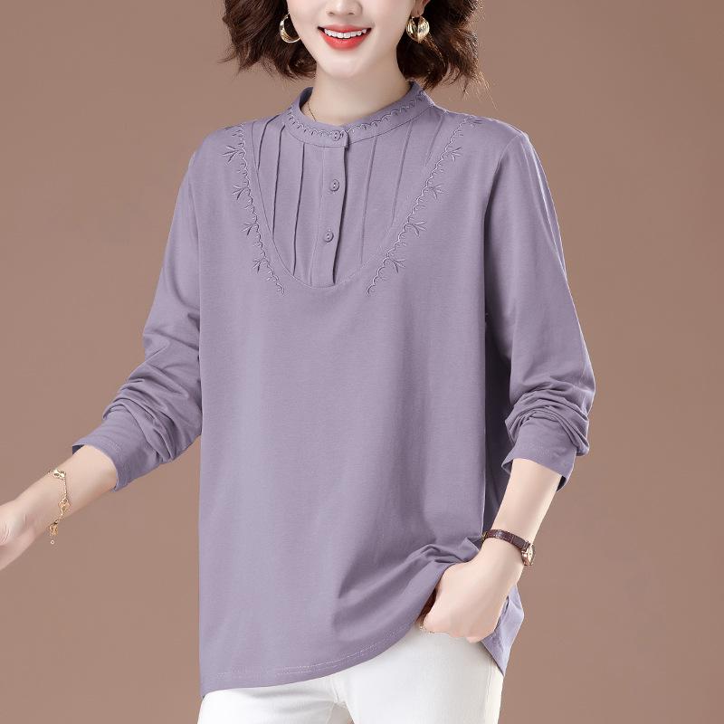 

Женский топ из чистого хлопка с длинным рукавом свободного кроя 2025: Полувысокий воротник, Большой размер, Модная осенняя одежда для мам среднего возраста 5XL (180-200 lbs) серый/фиолетовый