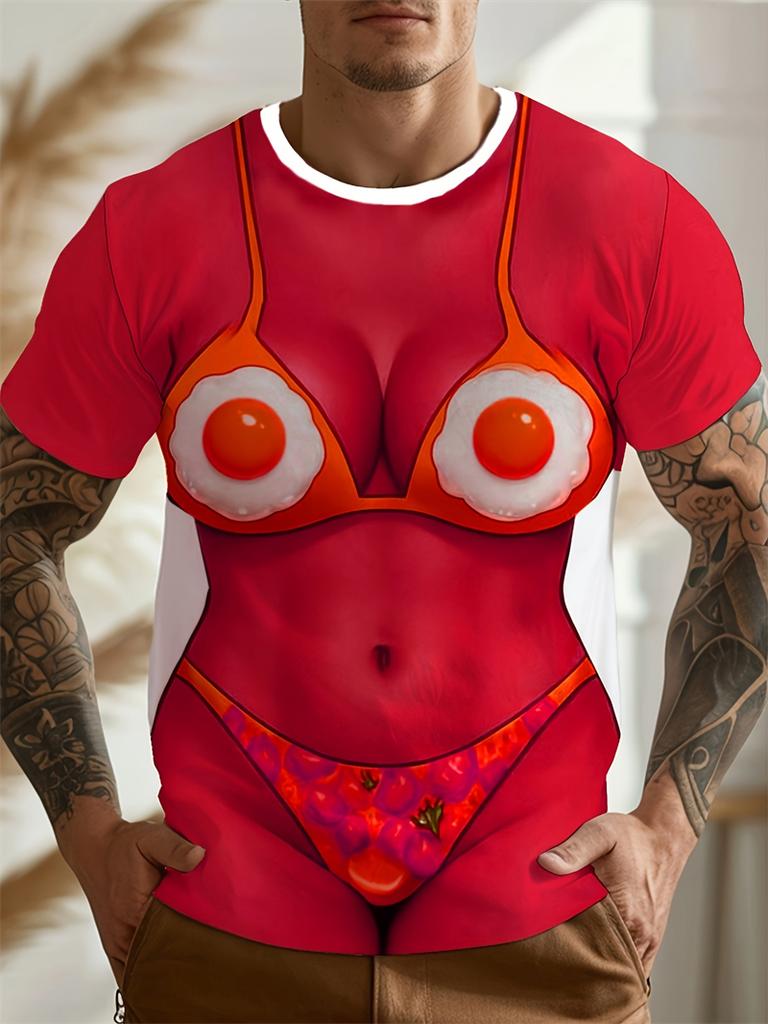 Camicia da uomo con stampa integrale novità con grafica umoristica "Bikini all'uovo e perizoma al bacon" Camicie per uomo Moda casual T-shirt Abbigliamento
