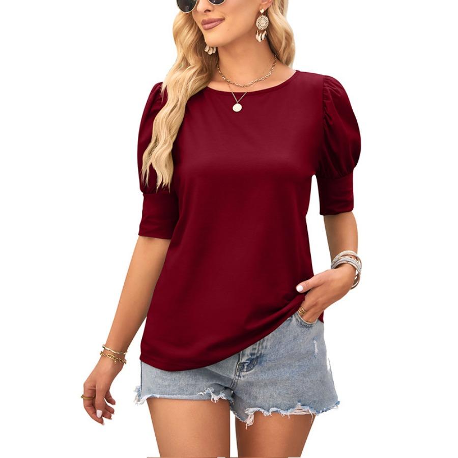 Summer Women's Round Neck Solid Color Button Loose Casual Short Sleeved T-shirt for Women