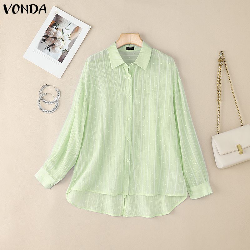 VONDA Women Casual Loose Lapel Neck Long Sleeve Polka Dots Semi-Sheer Blouse Shirts