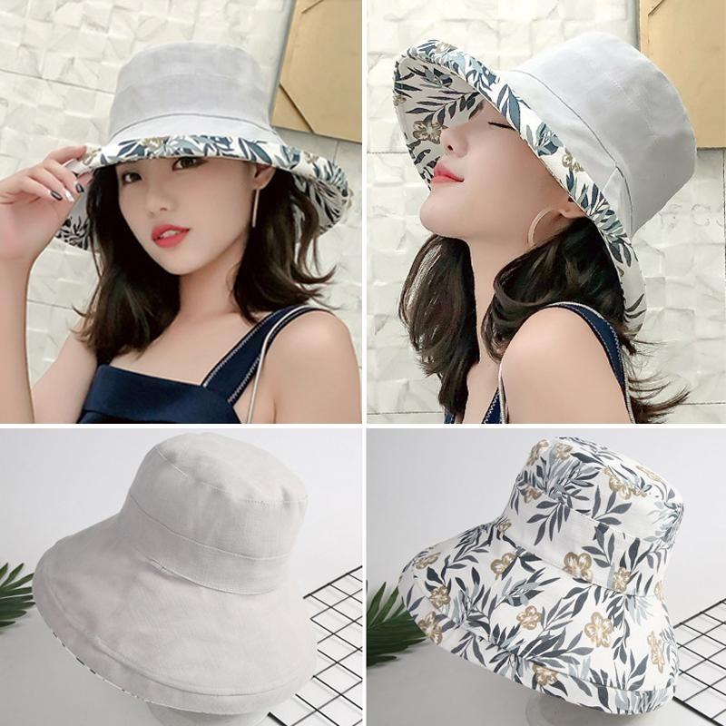 Wide Brim Cotton Summer Hat Women Packable Reversible Floral Bucket Hat UV Sun Protection Wide Brim Summer Beach Cap Double Sided Floppy Sun Hats KTY