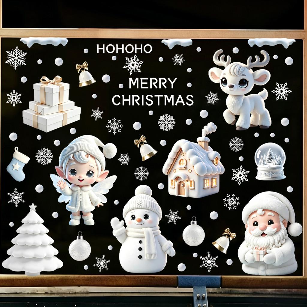 Cartoon Santa Claus and Elf Christmas Window Sticker Static Cling Glass Decor