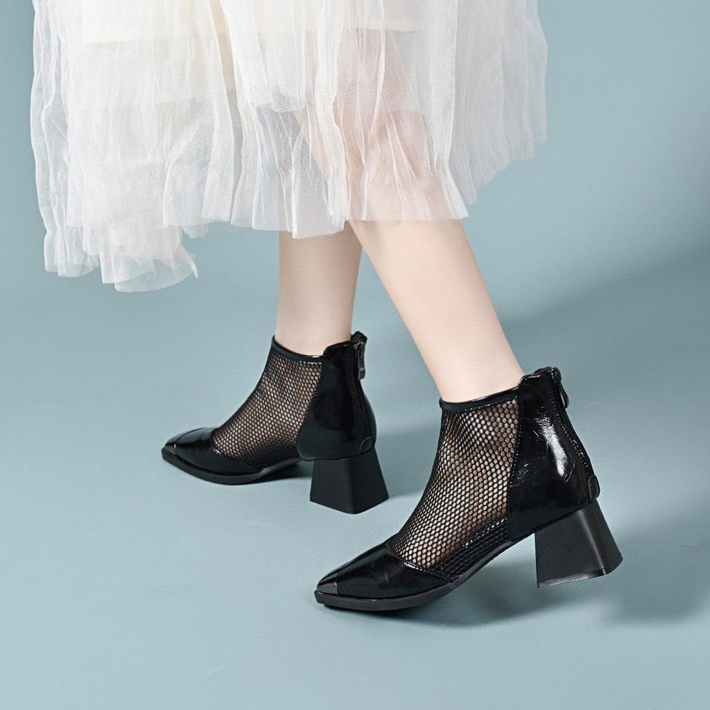 High-heeled Mesh Single Shoes New Personalized Iron Bag Head Thick Heel Rear Zipper Cool Boots Women's Shoes High Heels