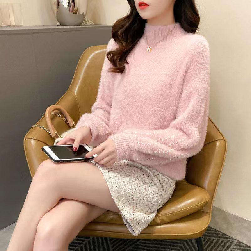 Half Turtleneck Mohair Sweater Women's Autumn and Winter Long-sleeved All-match Slim Pullover Knitted Top