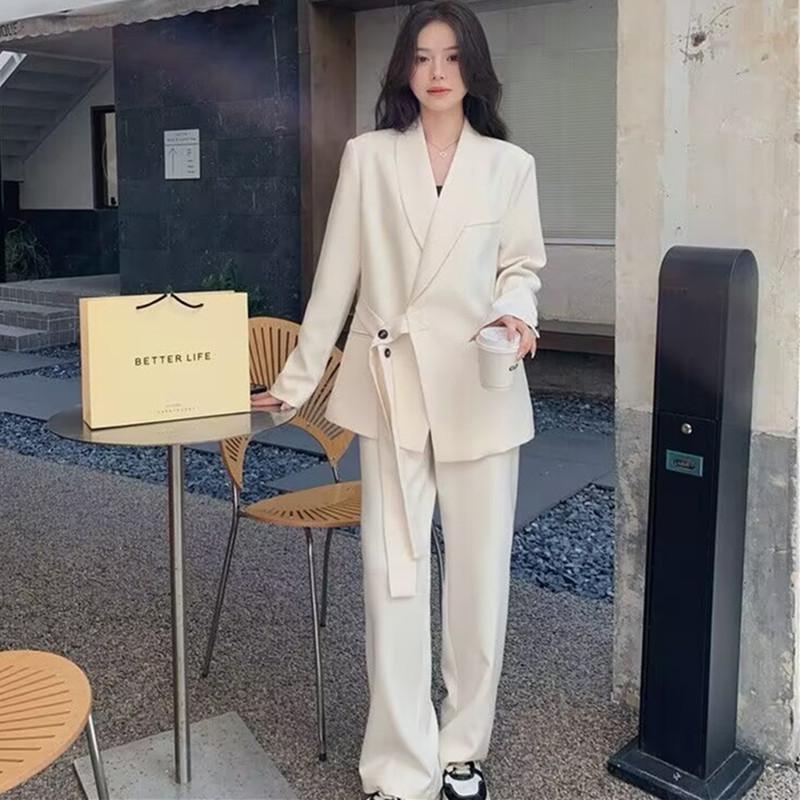 Women's Spring & Autumn Loose Fit Blazer and Wide-Leg Pants Set