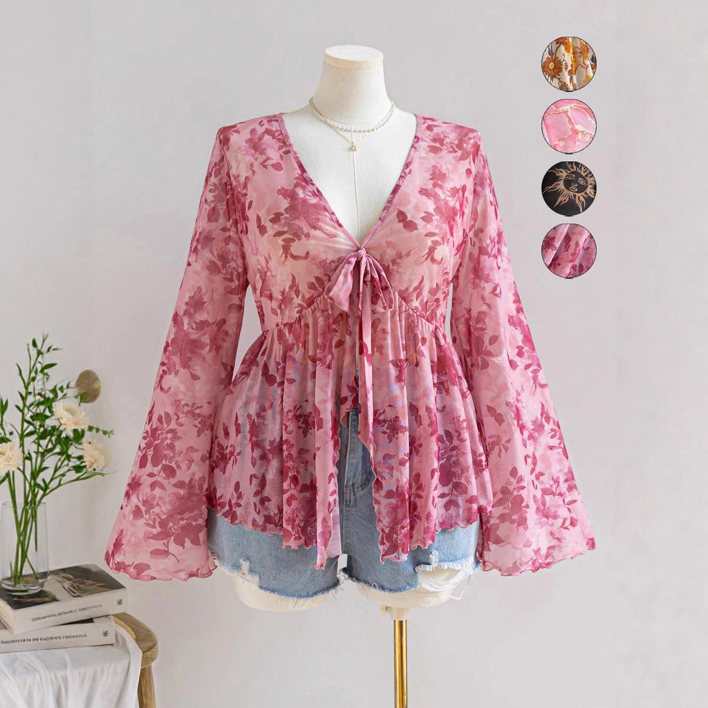 V-hals Trykket Feriestil Dame Bluse med Utsvingede Ermer Løs og Flytende