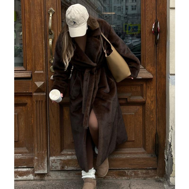 Damen S Faux Fur Langer Mantel Mit Gürtel Dicke Warme Oberbekleidung