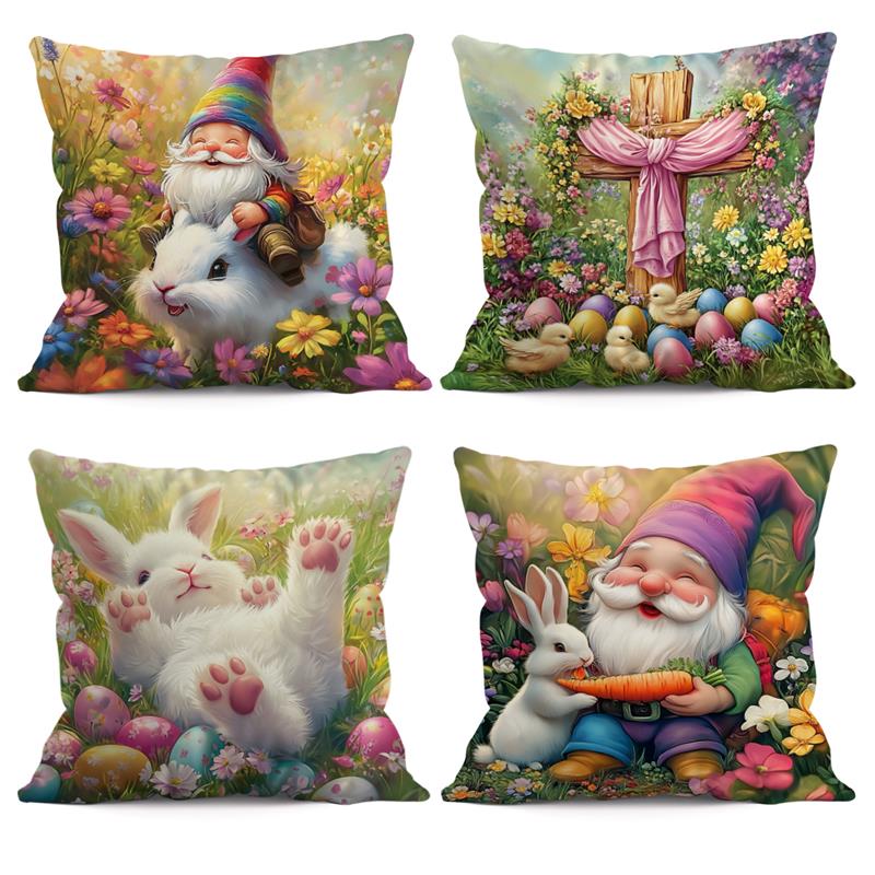 1 Pc Easter Day Pillow Cover Home Holiday Party Celebration Decoration Rabbit And Dwarf Pattern Sofa Cushion Cover 45*45 Cm