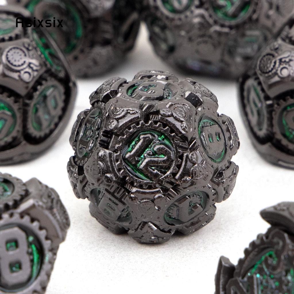 7 Pcs Green Black Gear Wheel Metal Dice Solid Metal Polyhedral Dice Set Suitable for Role-Playing RPG  Board Game Card Game