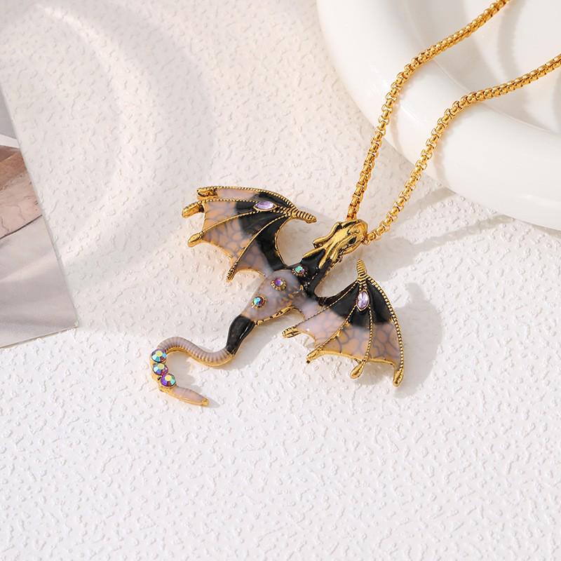 

Exaggerated Retro Enamel Cartoon Dragon Pendant Necklace with Rhinestones коричневий