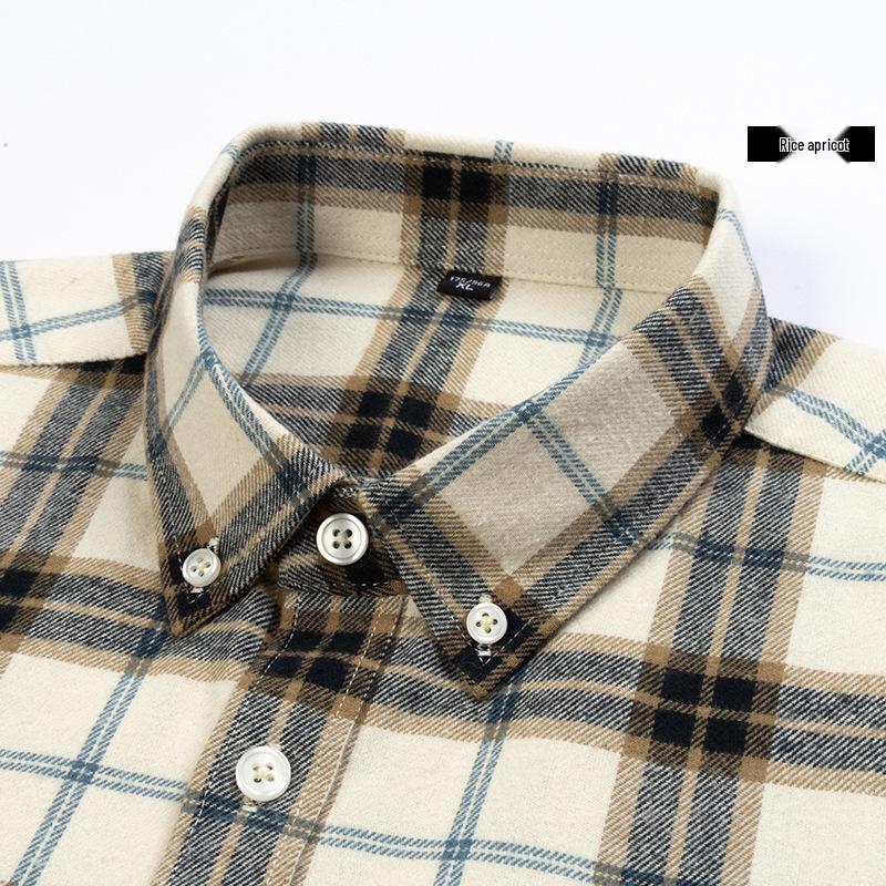 Brand Men's Pure Cotton Brushed Plaid Long Sleeve Shirt - High-End, Versatile, Casual, Thick Style for Youth