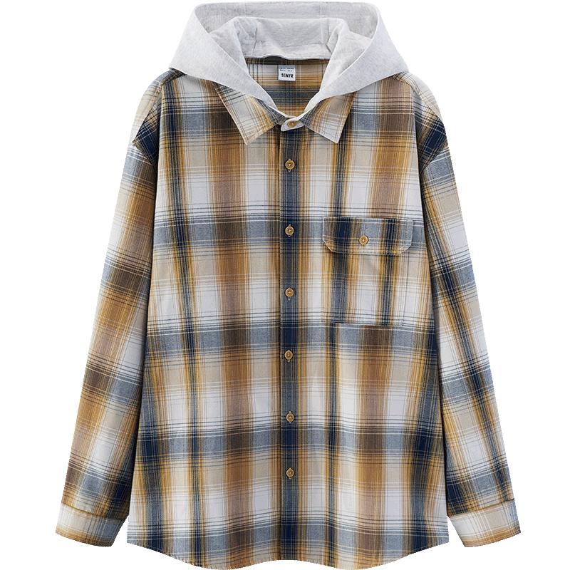 Semir Men s Plaid Faux Two-Piece Hooded Long Sleeve Shirt M