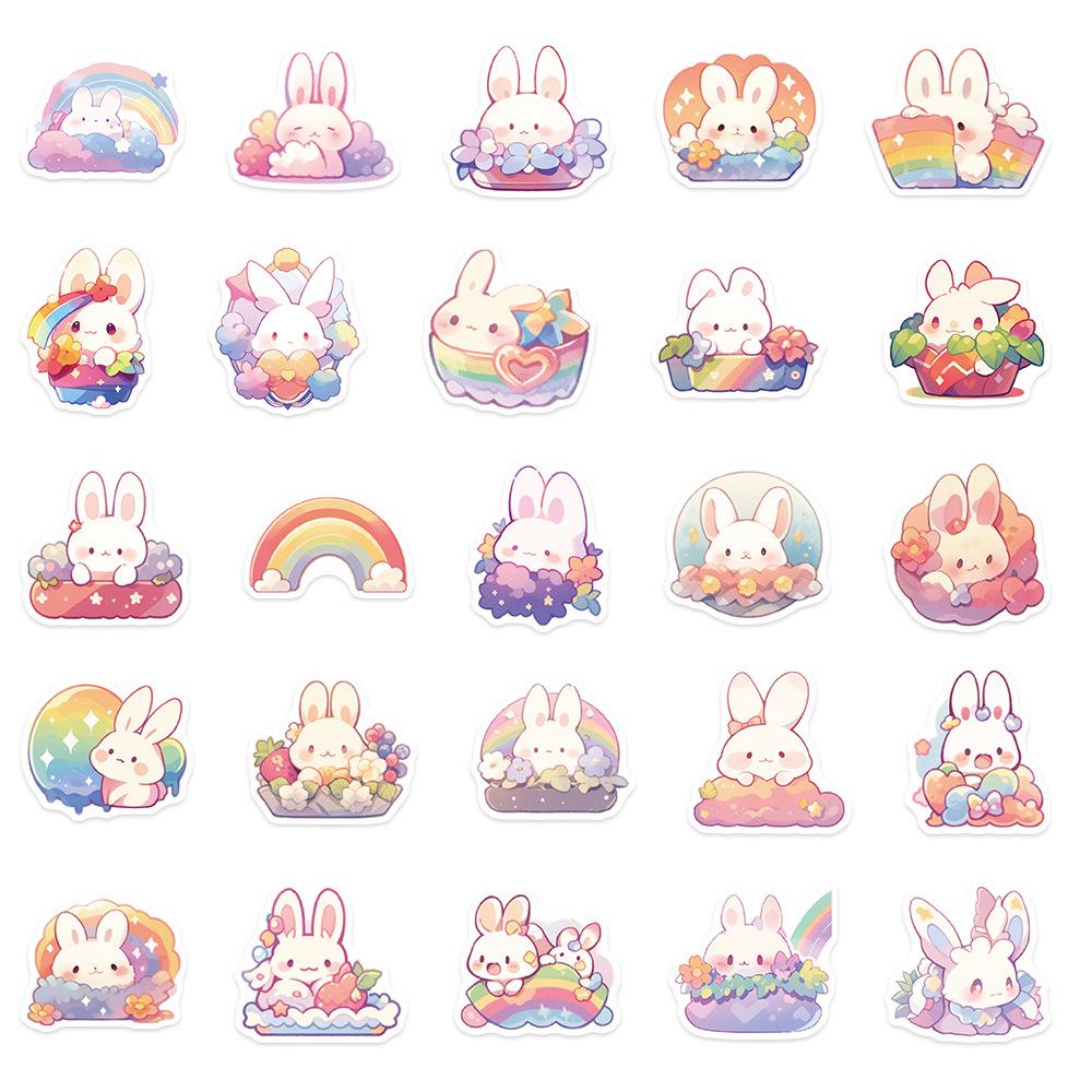 50 Cartoon Rainbow Rabbit Stickers for Suitcases, Diaries, Phone Cases, and DIY Decorations.