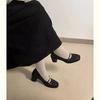 IPPEUM Mary Janes Shoes Women Leather Black Pumps Heels Square Toe Lolita High Heels