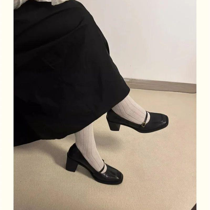 IPPEUM Mary Janes Shoes Women Leather Black Pumps Heels Square Toe Lolita High Heels