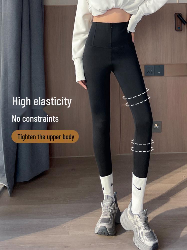 Women's High-Waist Zipper Tummy Control Pants with Shark Skin Texture - Autumn/Winter Velvet Bodycon Base Layer