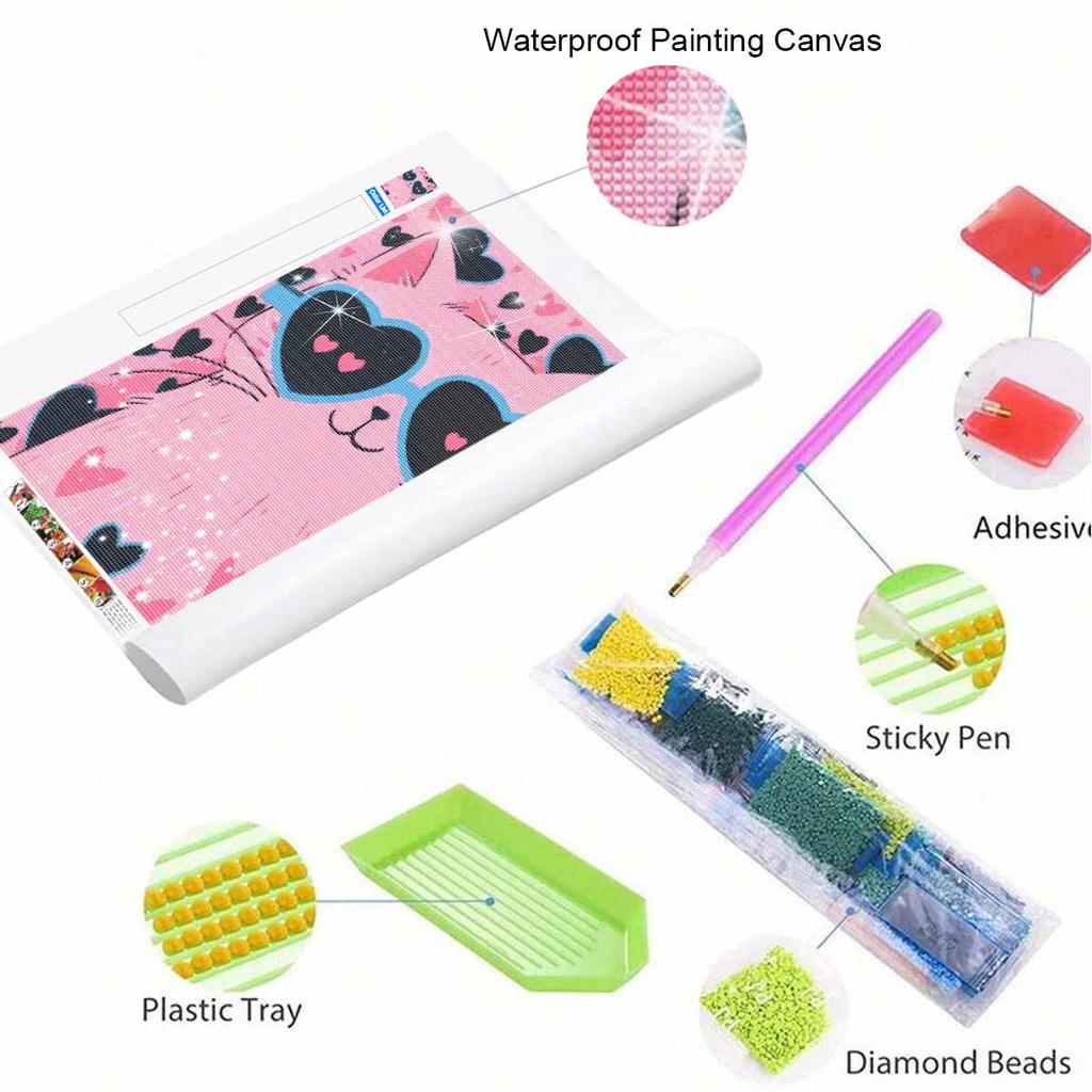 DIY 5D Diamond Painting Kit Pink Cat with Heart Glasses Full Drill Rhinestone Canvas Relaxing Craft for Home Wall Decor Gift and Art Project
