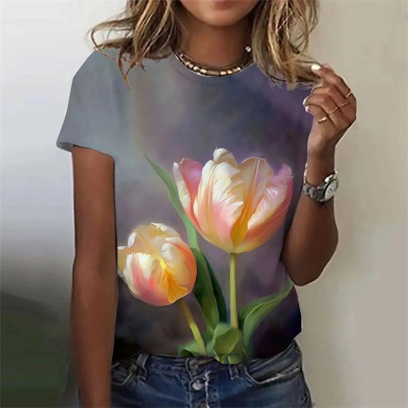 

Футболка с цветочным узором для женщин, с короткими рукавами и 3D-принтом, летние топы Harajuku с круглым вырезом, свободные футболки 6XL