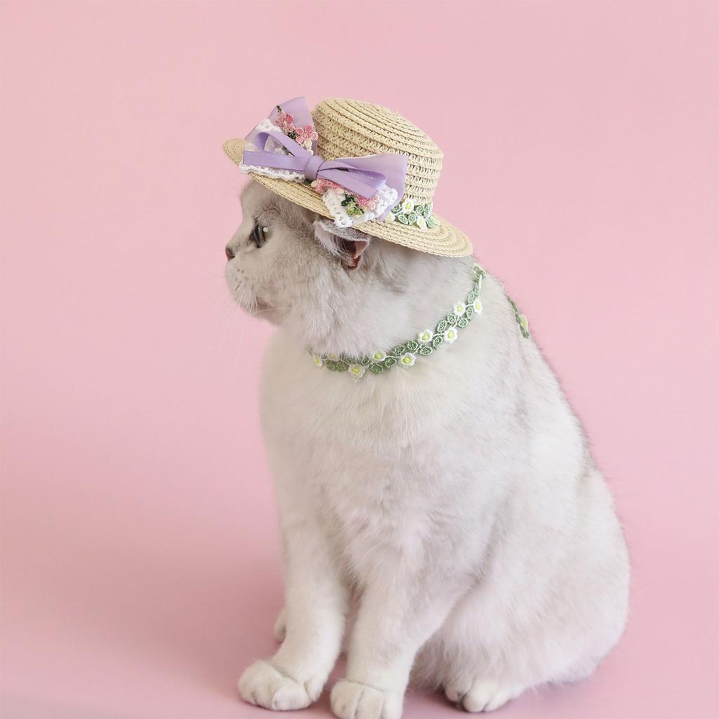 Puppy Straw Hat Dogs Sunbonnet with Ribbon Bow Supplies Collar Flower Hat Summer Hat with Strap Lace Belt