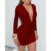 2026 new swing neck deep V long sleeve tight mini hip wrap dress sexy pleated skirt