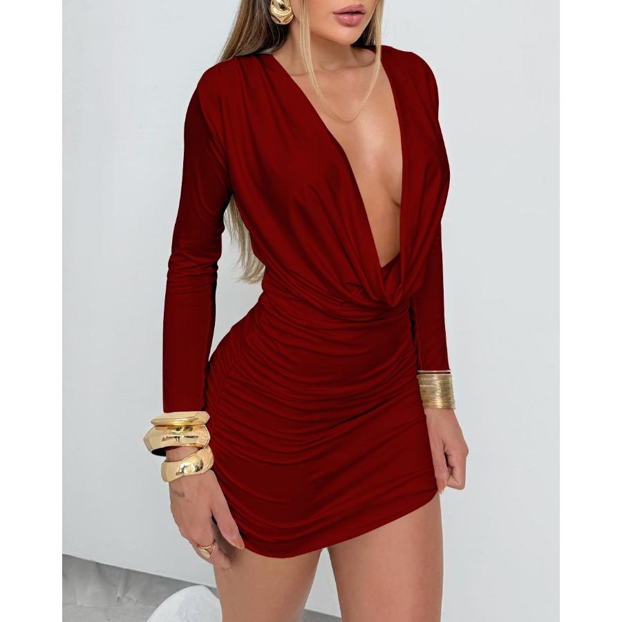 2026 new swing neck deep V long sleeve tight mini hip wrap dress sexy pleated skirt