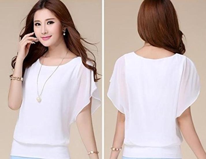 DauStage Chiffon Short Sleeve Flared Plus 5 XL Women's Blouse, Shirt, Sizes, Colors, White,