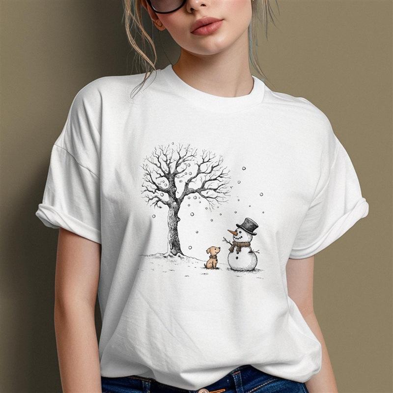 Cute Christmas Snowman Christmas Cute Snowman Printed Cotton Fashion Short Sleeve Casual T-Shirts Women’s
