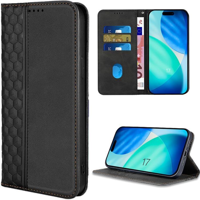 Coque pour iPhone 17, Protection Style Portefeuille Cuir PU Motif Mosaïque Noir + 2 Verres Trempés
