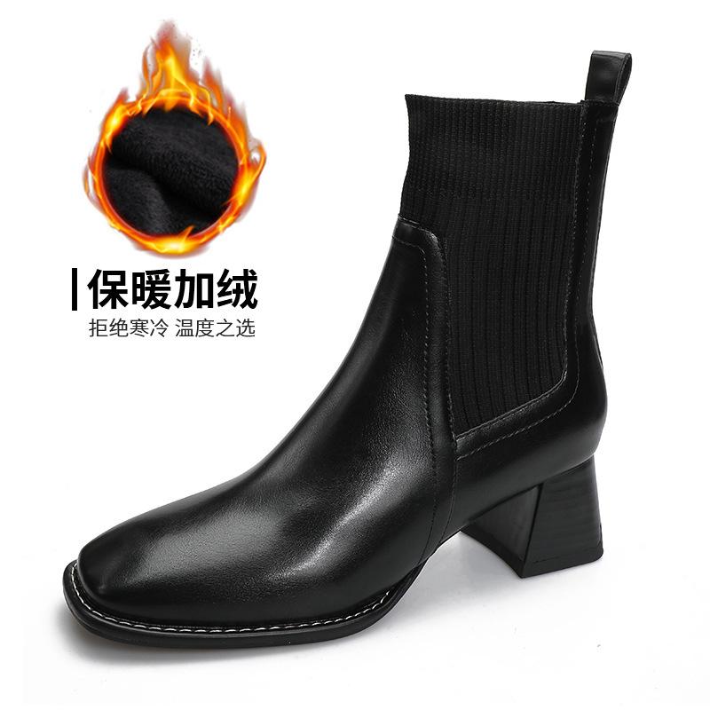 British style 2024 new women's boots thick heel square head short boots high heel soft leather boots elastic boots medium heel spring and autumn sing
