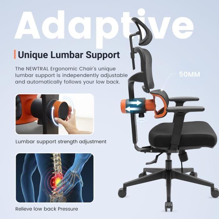 Chaise de bureau ergonomique - Newtral - Dossier haut - Support lombaire réglable - Accoudoirs 3D