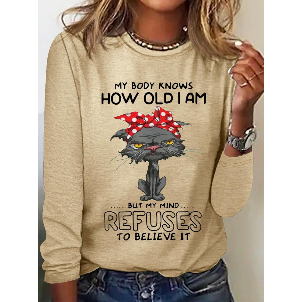 Okrągły dekolt 3D nadruk zabawny kot wzór top modny casual długi rękaw damskie koszulki