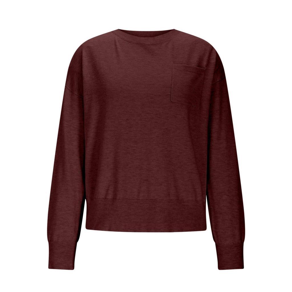 2025 Women's Solid Color Round Neck Long Sleeve Casual Pocket Pullover Sweater - Autumn/Winter European American Style