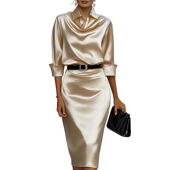 Women s Satin Midi Shirt Dress Long Sleeve Lapel V Neck Bodycon Office Work Dress Sheath Business Dress with Belt M