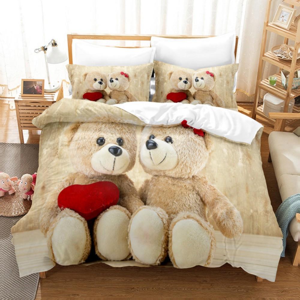 Bettwäscheset mit Cartoon-Bären, süßer Teddybär, 200 x 200, Bettbezug-Set, Kissenbezüge, Queen-Size-Bett, Einzel- und Doppelgröße, Bettwäsche für Kinderliebhaber