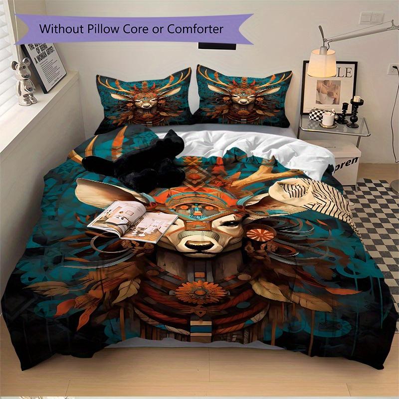 3pcs Deer Totem Soft Comfortable Bedding set, For Bedroom, Guest Room And Dorm, All - Season Use, High-Definition Printing174