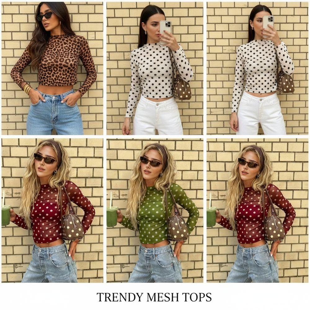 Leopard Polka Dot T-Shirt Transparent Y2k Crop Top Breathable Long Sleeve T-Shirt Date Night