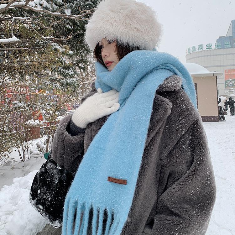 Iceland Sea Salt Blue Scarf for Women Winter Solid Color Versatile Wool Scarf for Men Warm Imitation Cashmere Shawl To Protect Against Cold