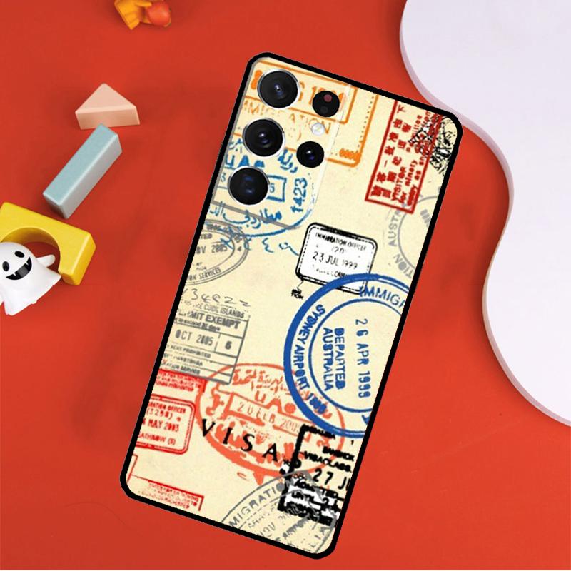 Retro Post Card Passport Stamps Phone Case For Samsung Galaxy S25 Ultra S9 S10 S20 S21 FE S22 S23 S24 Plus S24 Ultra Cover
