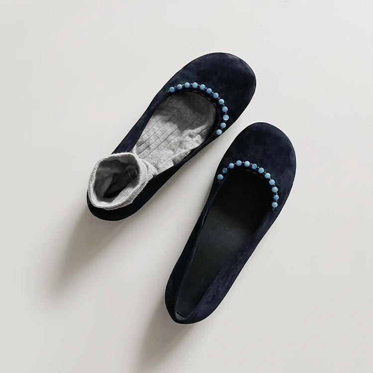 

Sheepskin version~ New Chinese style beaded round head small single shoes shallow mouth versatile one pedal Mary Jane flat shoes women 40 темно-синий