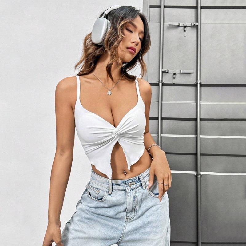 Women Sexy Slim Fit Slit Design Solid Twisted Single Strap Crop Camisole Top