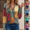Women's Color Block Long Sleeve Zipper Front Blouse