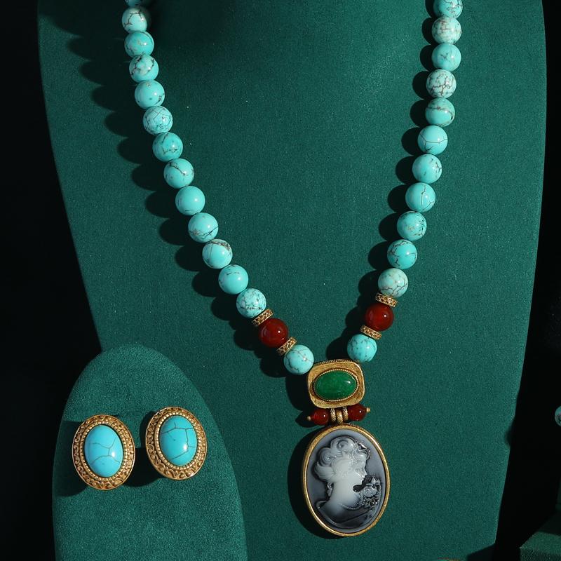 Vintage Blau Naturstein Böhmischer Stil Cameo Schönheitskopf Türkis Schmucksets Für Frau Halskette Und Ohrring Perlen Antik