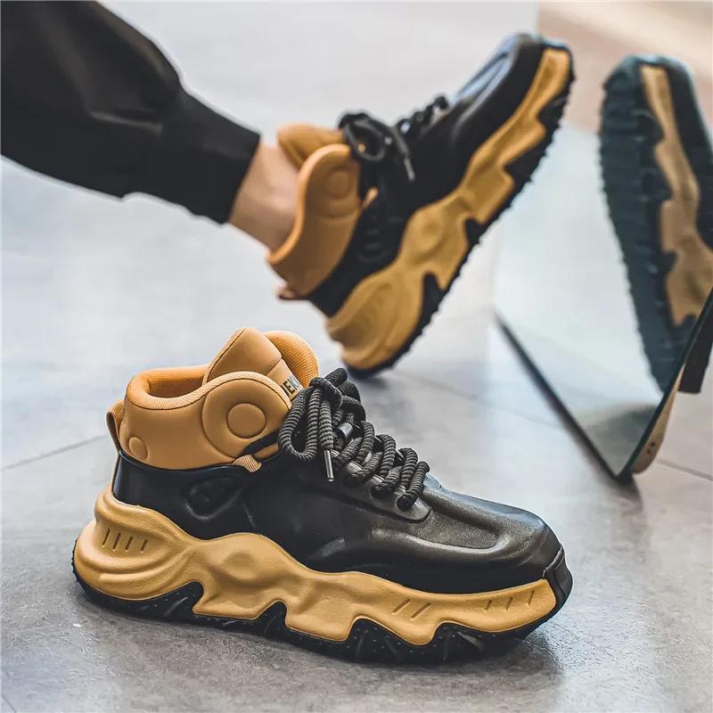 

Весна 2025 Новые кроссовки мужские на высокой подошве, с высоким воротником, модные, повседневные, универсальные, удобные, трендовые, обувь для скейтборда, противоскользящие 44 темные хаки