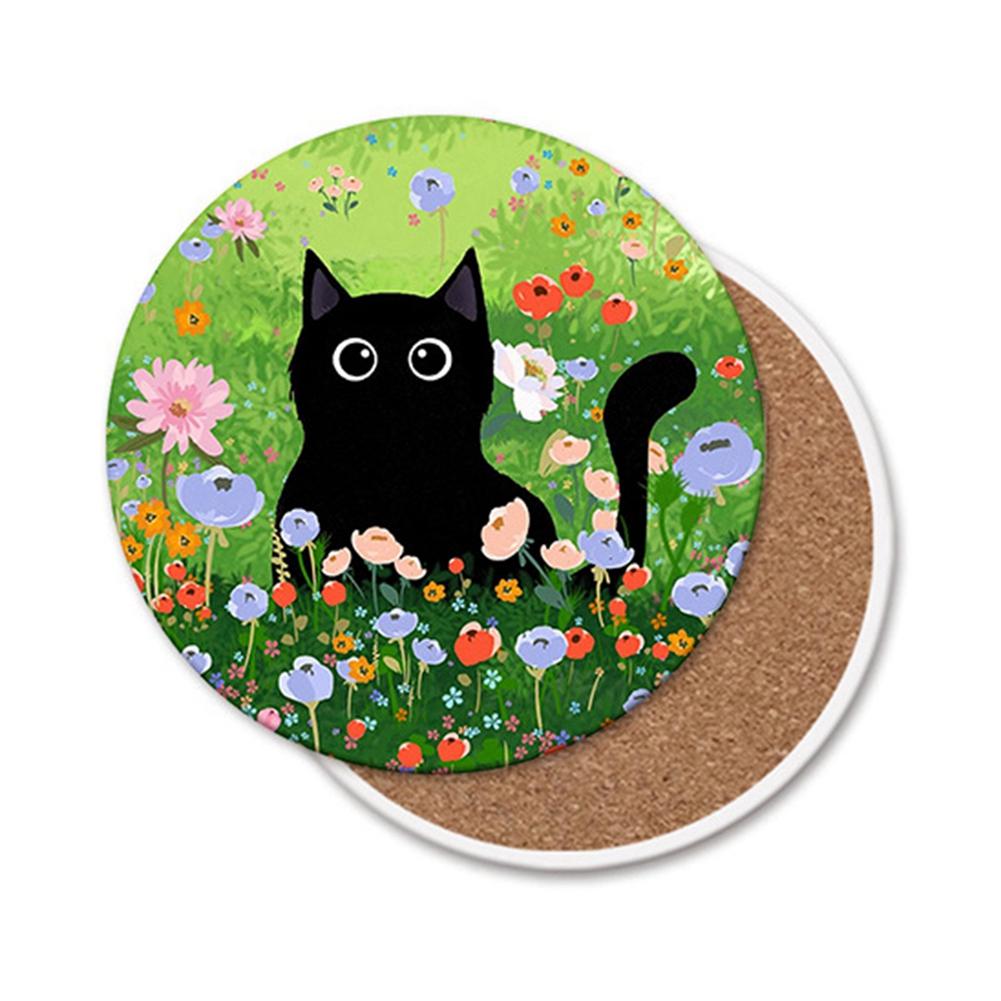 

Cute Cat and Flower Printed Round Coaster Water-Absorbing Heat-Resistant Mat